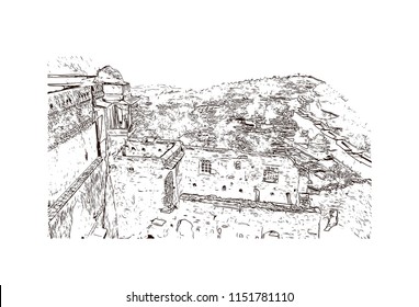Kumbhalgarh fort is a Mewar fortress on the westerly range of Aravalli Hills, in the Rajsamand district near Udaipur of Rajasthan state in western India. Hand drawn sketch illustration in vector.