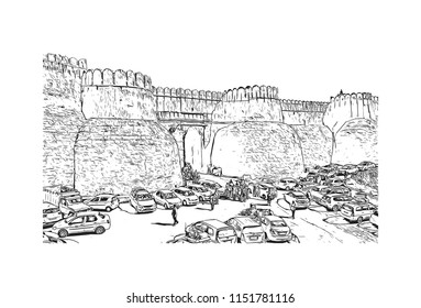 Kumbhalgarh fort is a Mewar fortress on the westerly range of Aravalli Hills, in the Rajsamand district near Udaipur of Rajasthan state in western India. Hand drawn sketch illustration in vector.