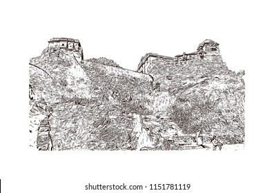 Kumbhalgarh fort is a Mewar fortress on the westerly range of Aravalli Hills, in the Rajsamand district near Udaipur of Rajasthan state in western India. Hand drawn sketch illustration in vector.