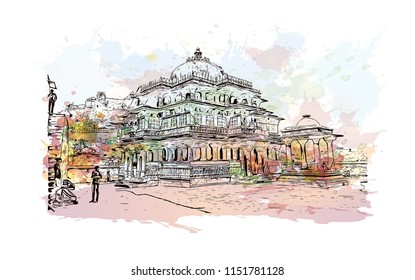 Kumbhalgarh fort is a Mewar fortress on the westerly range of Aravalli Hills, in Rajsamand district near Udaipur of Rajasthan, India. Watercolor splash with Hand drawn sketch illustration in vector.