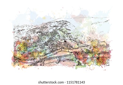 Kumbhalgarh fort is a Mewar fortress on the westerly range of Aravalli Hills, in Rajsamand district near Udaipur of Rajasthan, India. Watercolor splash with Hand drawn sketch illustration in vector.