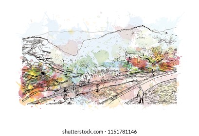 Kumbhalgarh fort is a Mewar fortress on the westerly range of Aravalli Hills, in Rajsamand district near Udaipur of Rajasthan, India. Watercolor splash with Hand drawn sketch illustration in vector.