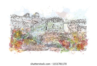 Kumbhalgarh fort is a Mewar fortress on the westerly range of Aravalli Hills, in Rajsamand district near Udaipur of Rajasthan, India. Watercolor splash with Hand drawn sketch illustration in vector.