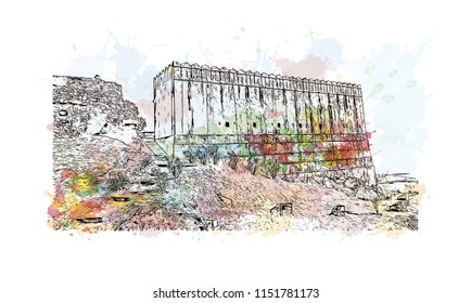 Kumbhalgarh fort is a Mewar fortress on the westerly range of Aravalli Hills, in Rajsamand district near Udaipur of Rajasthan, India. Watercolor splash with Hand drawn sketch illustration in vector.