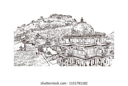 Kumbhalgarh fort is a Mewar fortress on the westerly range of Aravalli Hills, in the Rajsamand district near Udaipur of Rajasthan state in western India. Hand drawn sketch illustration in vector.