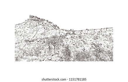 Kumbhalgarh fort is a Mewar fortress on the westerly range of Aravalli Hills, in the Rajsamand district near Udaipur of Rajasthan state in western India. Hand drawn sketch illustration in vector.