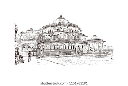 Kumbhalgarh Fort ist eine Messe Festung im westlichen Teil der Aravalli Hills, im Rajsamand Bezirk nahe Udaipur des Rajasthan-Staates im Westen Indiens. Handgezeichnete Skizzengrafik in Vektorgrafik.