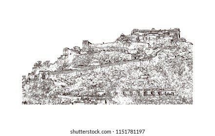 Kumbhalgarh fort is a Mewar fortress on the westerly range of Aravalli Hills, in the Rajsamand district near Udaipur of Rajasthan state in western India. Hand drawn sketch illustration in vector.