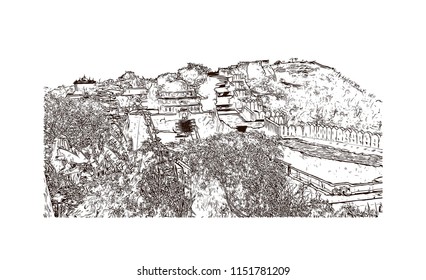 Kumbhalgarh fort is a Mewar fortress on the westerly range of Aravalli Hills, in the Rajsamand district near Udaipur of Rajasthan state in western India. Hand drawn sketch illustration in vector.