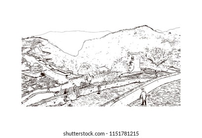 Kumbhalgarh fort is a Mewar fortress on the westerly range of Aravalli Hills, in the Rajsamand district near Udaipur of Rajasthan state in western India. Hand drawn sketch illustration in vector.