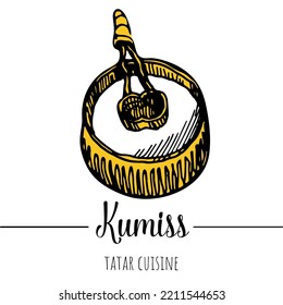 Kumiss. Bashkir national mare's milk drink. Hand drawn illustration of national Bashkir cuisine dishes. Asian, bashkir, tatar cuisin. Vector illustration for icon, menu, postcard.