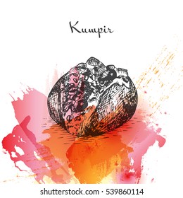 Kumpir watercolor effect illustration. Vector illustration of Turkish cuisine.