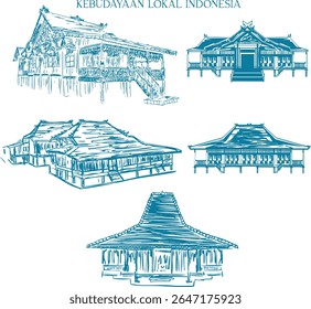 Kumpulan ilustrasi rumah adat Melayu Indonesia, digambar dalam gaya line art hitam putih. Gambar ini menggambarkan kekayaan arsitektur tradisional seperti Rumah limas, Joglo, dan rumah adat jambi