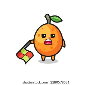 kumquat character as line judge hold the flag down at a 45 degree angle , cute style design for t shirt, sticker, logo element