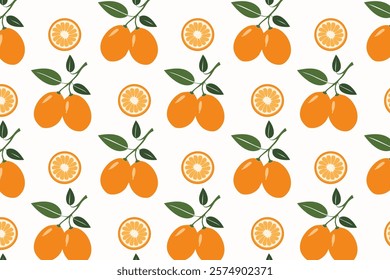 Kumquat fruit seamless pattern on white background. Vector illustration.