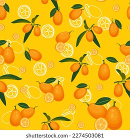 kumquat fruits seamless pattern with leaves. Fresh citrus, Design for print, packaging, wallpaper, textil. Flat vector illustration.