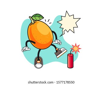 Kumquat get surprise firecrackers with speech bubble cartoon. Mascot Character vector.