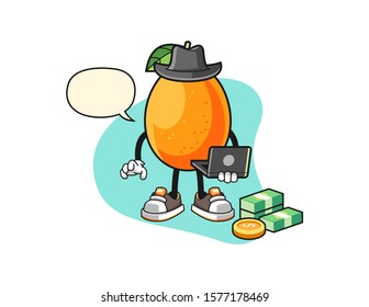 Kumquat hacker with speech bubble cartoon. Mascot Character vector.