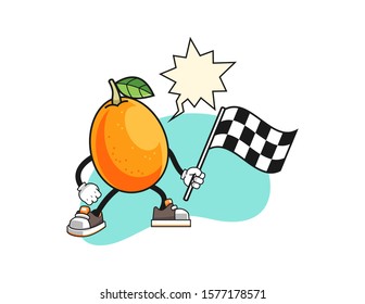 Kumquat hold racing flag with speech bubble cartoon. Mascot Character vector.