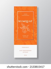 Kumquat Home Fragrance Abstract Vector Label Template. Hand Drawn Sketch Flowers, Leaves Background and Retro Typography. Premium Room Perfume Packaging Design Layout. Realistic Mockup Isolated