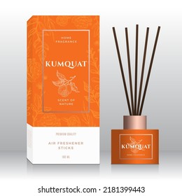 Kumquat Home Fragrance Sticks Abstract Vector Label Box Template. Hand Drawn Sketch Flowers, Leaves Background. Retro Typography. Room Perfume Packaging Design Layout. Realistic Mockup. Isolated