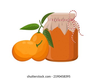 Kumquat jam or confiture jar in rustic style, homemade fruit berry preserve, vector illustration on white background