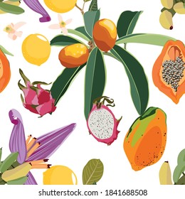 Kumquat, lemon and  papaya, bananas with flower and dragon fruit seamless pattern of tropical fruits on white background.