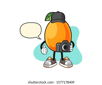 Kumquat photographer with speech bubble cartoon. Mascot Character vector.