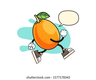 Kumquat run with speech bubble cartoon. Mascot Character vector.