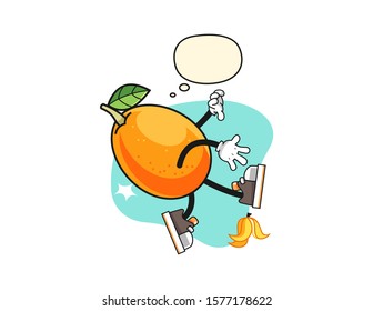 Kumquat slip on banana peel with thought bubble cartoon. Mascot Character vector.