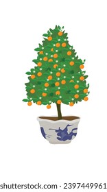 Kumquat tree vector illustration. Traditional tree in Vietnamese new year. Citrus microcarpa plant clip art. Flat vector in cartoon style isolated on white background.