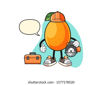 Kumquat woodworker with speech bubble cartoon. Mascot Character vector.