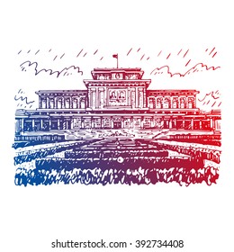 Kumsusan palace of the sun in Pyongyang, North Korea. Sketch by hand. Vector illustration.