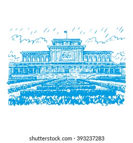Kumsusan palace of the sun in Pyongyang, North Korea. Sketch by hand. Vector illustration.