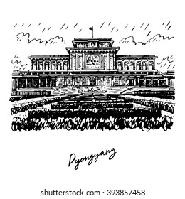 Kumsusan palace of the sun in Pyongyang, North Korea. Sketch by hand. Vector illustration.