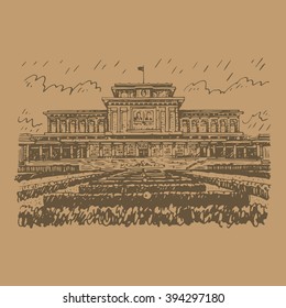 Kumsusan palace of the sun in Pyongyang, North Korea. Sketch by hand. Vector illustration.