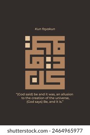 Kun Fayakun ([Gott sagte] sei und es war, eine Anspielung 
 zur Schöpfung des Universums,
[Gott sagt] Sei, und es ist) Arabisch Schrift im Kufi-Kalligraphie-Stil ist quadratisch