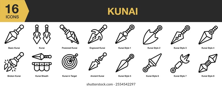 Kunai icon set. Includes basic, posioned, engraved, ancient, sheath, broken, target, and More. Outline icons vector collection.