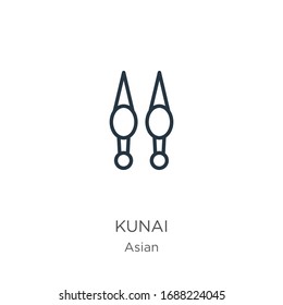 Kunai-Symbol. Dünne lineare Kunai-Skizze einzeln auf weißem Hintergrund aus asiatischer Sammlung. Vektorillustration der Linie, Symbol für Web und Mobilfunk