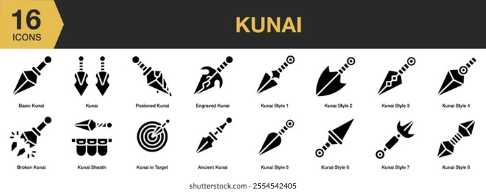 Kunai solid icon set. Includes basic, posioned, engraved, ancient, sheath, broken, target, and More. Solid icons vector collection.