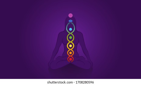 Kundalini - coiled snake. Meditating yoga woman with chakras on violet background, symbol for spiritual awakening, healing power and balance, celestial harmony and relaxation.
