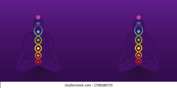 Kundalini - coiled snake. Meditating yoga couple with chakras on violet background, symbol for spiritual awakening, healing power and balance, celestial harmony and relaxation.
