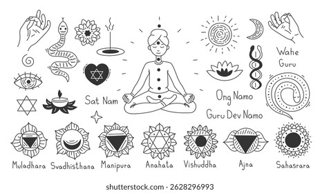 Kundalini Yoga Elements Set. Hand drawn Meditation symbols, phrases, chakras, words, snake serpent doodles collection. Vector illustration