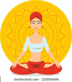 Kundalini yoga girl in a red turban, on a yellow halo with mandala. She interrupted her meditation because she was wondered by the surprise of the moment.