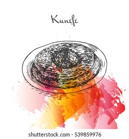 Kunefe watercolor effect illustration. Vector illustration of Turkish cuisine.