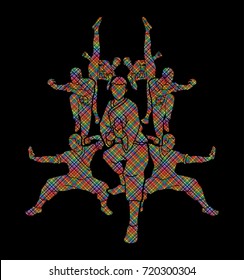 Kung fu action composition designed using colorful pixels graphic vector.