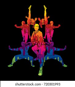 Kung fu action composition designed using melting colors graphic vector.