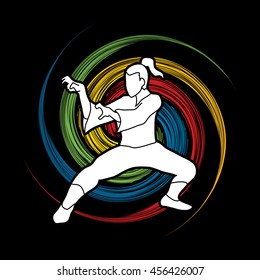 Kung fu action designed on spin wheel background graphic vector.