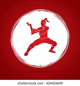 Kung fu action designed on grunge circle background graphic vector.