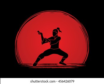 Kung Fu Action Designed On Sunset Background Graphic Vector.